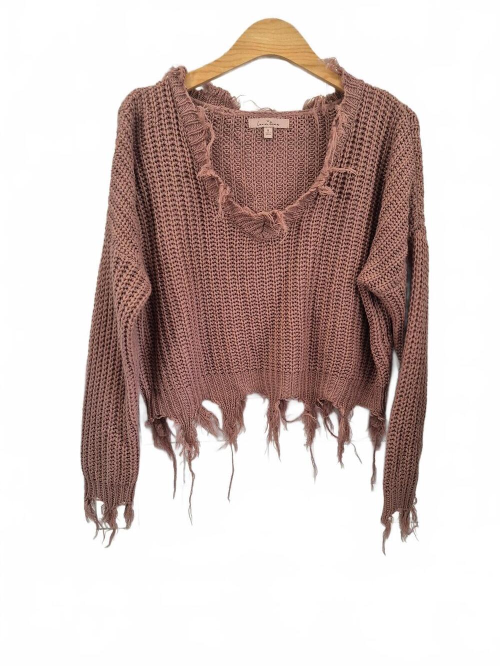Love Tree Dusty Mauve Distressed V-Neck Knit Sweater Size Medium – Cozy